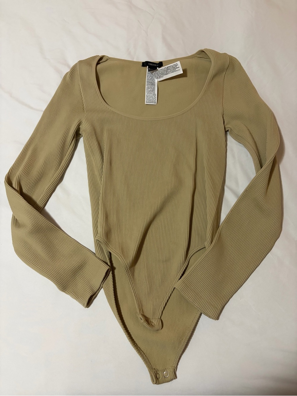 Forever 21 Ribbed Scoop-Neck Long Sleeve Bodysuit in Beige